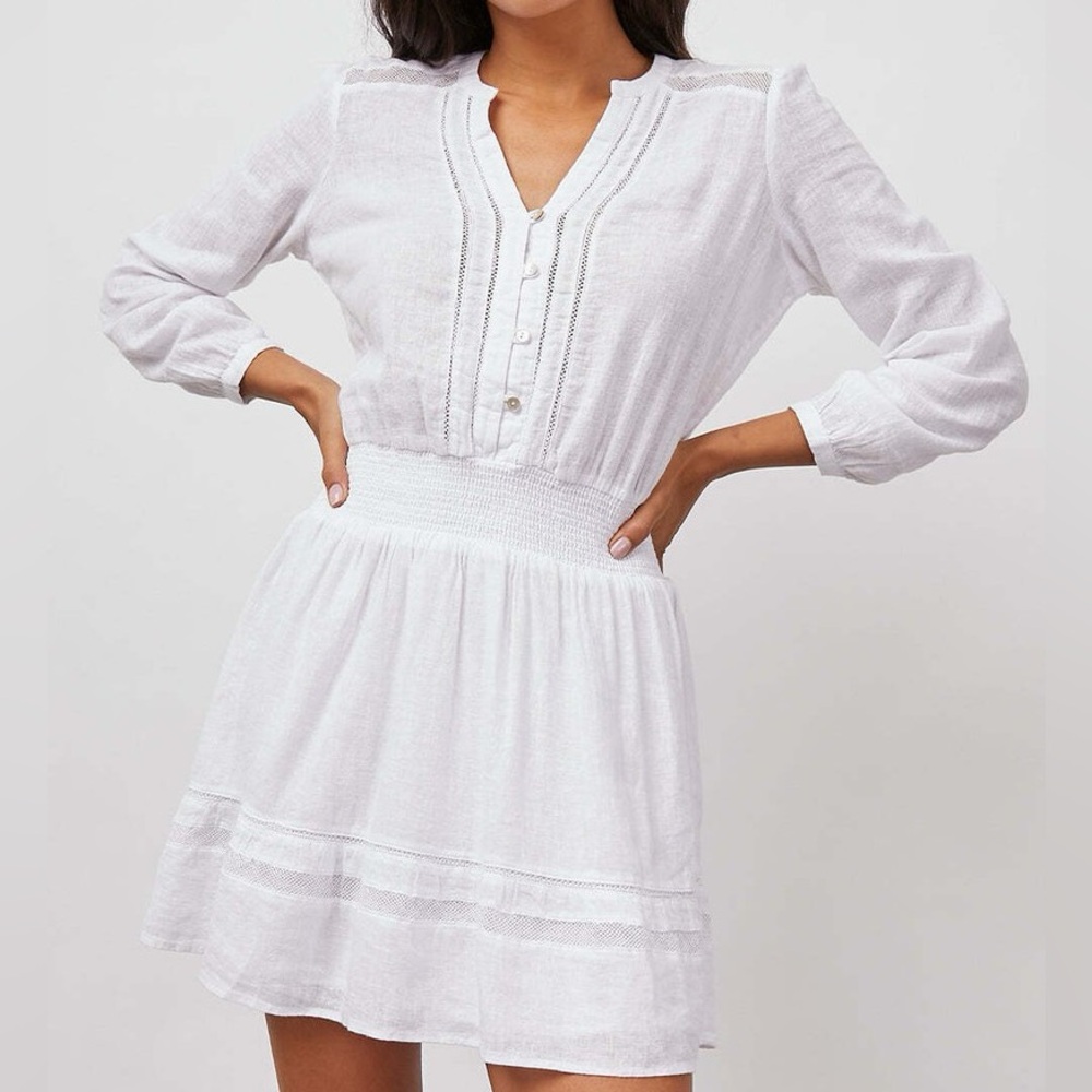 Rails Jasmine White Smocked Linen Waist Button-Front Dress XS